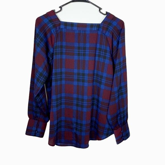Ann Taylor Factory Plaid Blouse Women’s S Burgundy Blue Long Sleeve Square Neck - Picture 3 of 11